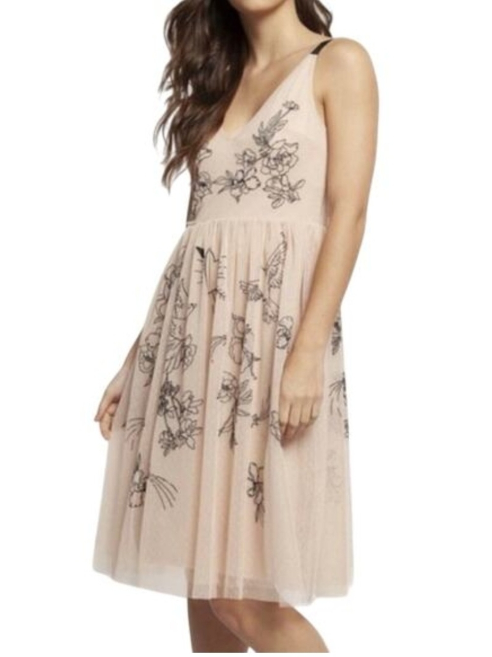 Express Blush Pink V‑Neck Midi Dress with Black Floral Embroidery